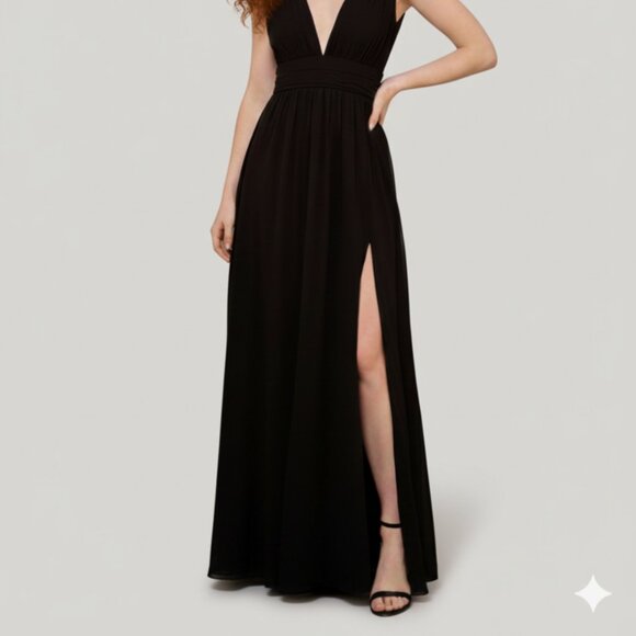 Lulus Size Medium Heavenly Hues Black Chiffon Deep V-Neck Maxi Dress - Picture 2 of 12